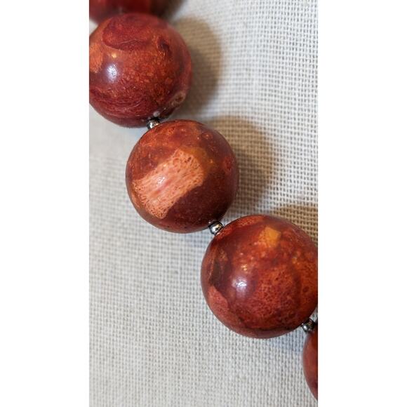 Genuine Coral Marbled Red 20 Bead Statement Necklace w/ Sterling Toggle Clasp - Picture 10 of 15